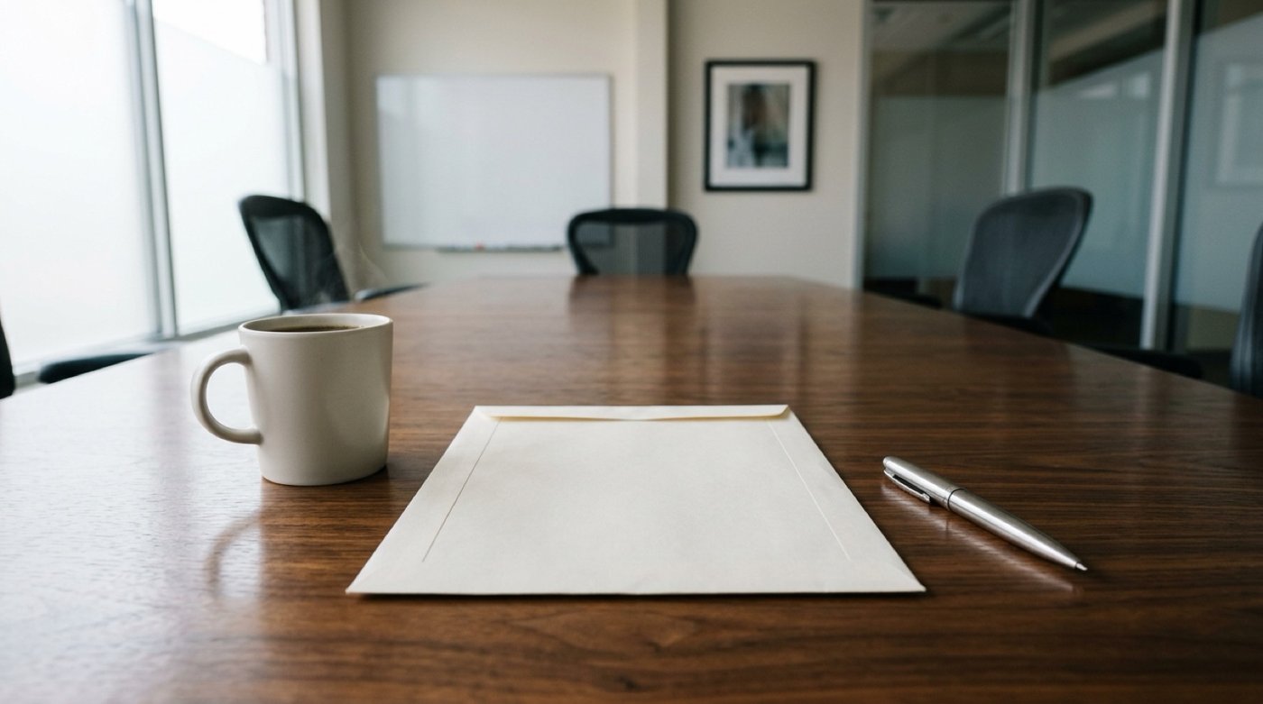 A sealed envelope, a pen and a cup of coffee on a title office conference table