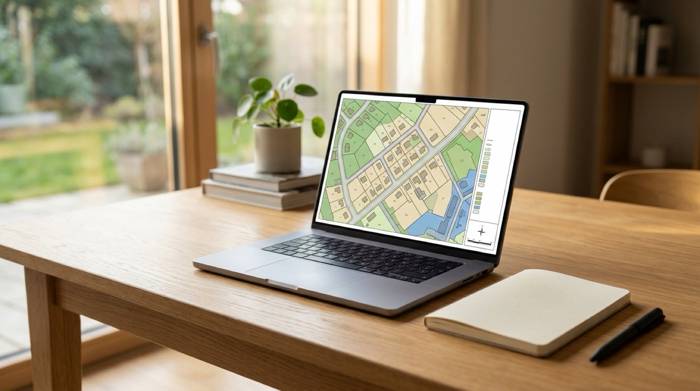 A laptop showing a map with property lines on a desk, for looking up the tax rate for a parcel