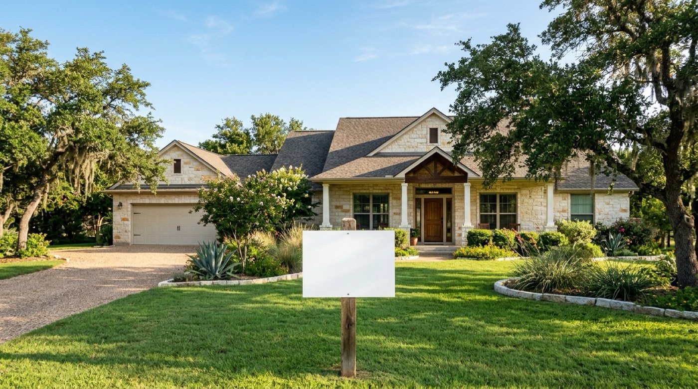 A limestone ranch-style home in Central Texas with a blank sign panel in the front yard