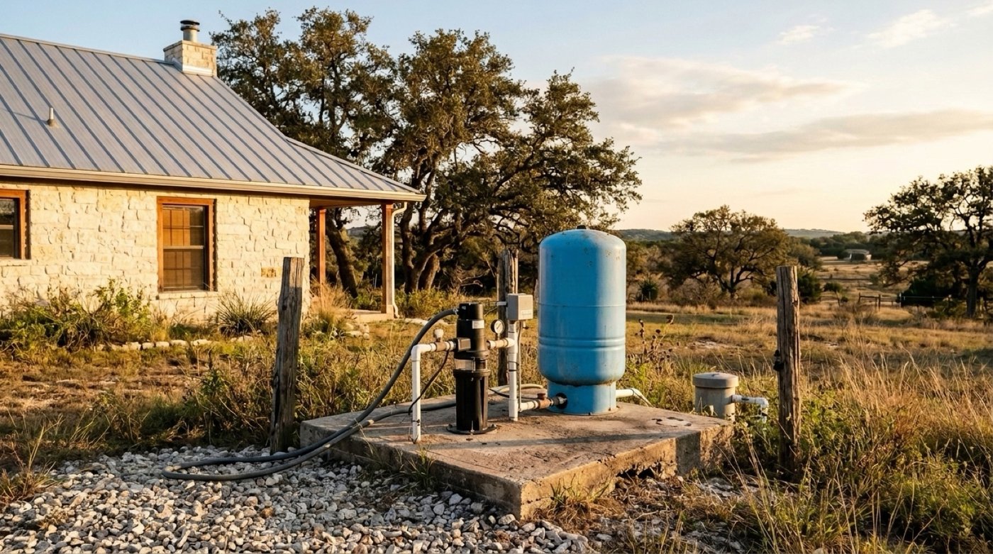 A water well pump and pressure tank beside a rural Central Texas home