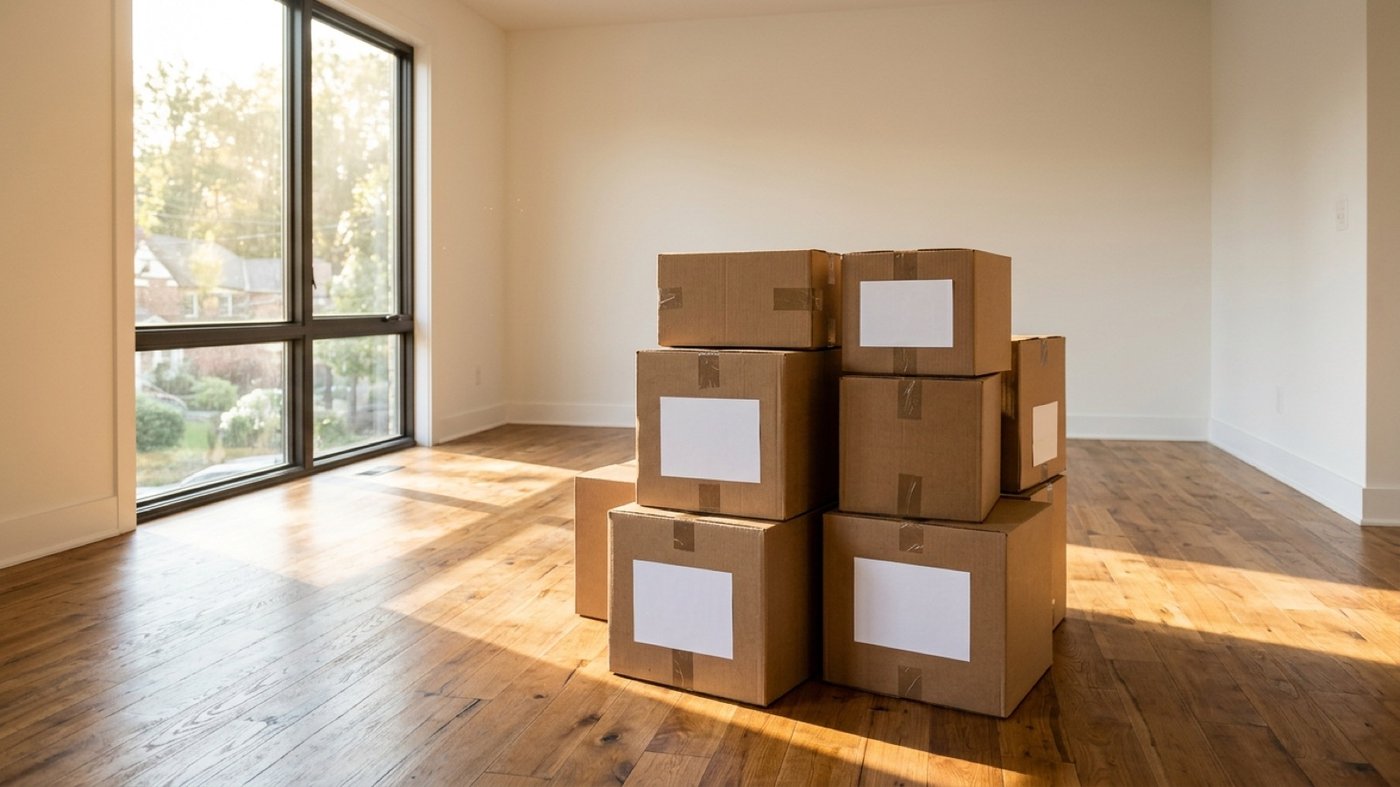 Moving boxes stacked in an empty living room, for buyers relocating to Austin