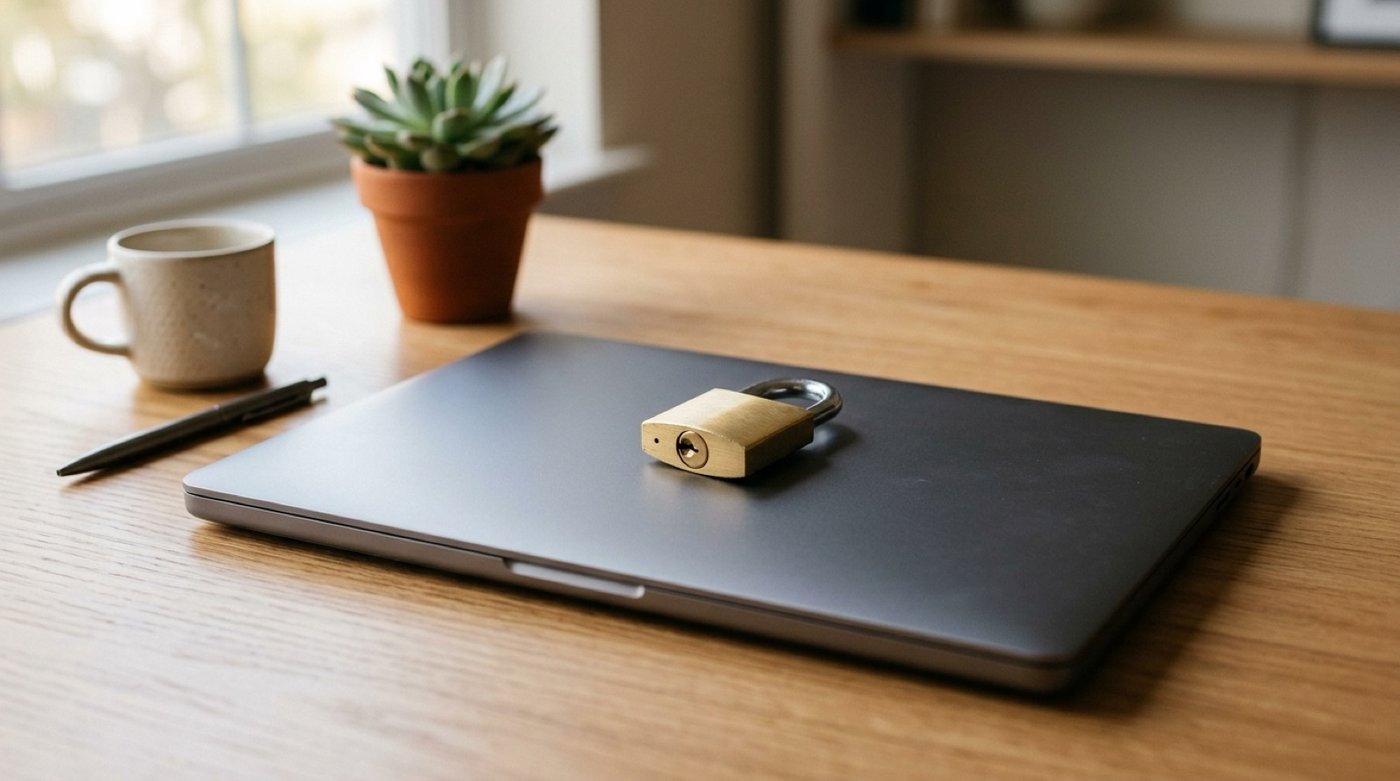 A closed laptop with a small padlock on top on a home office desk, a reminder to verify wiring instructions by phone