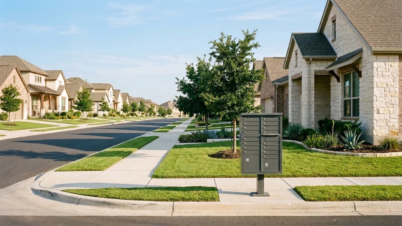 A suburban street in Central Texas with sidewalks, a cluster mailbox and limestone homes in an HOA community
