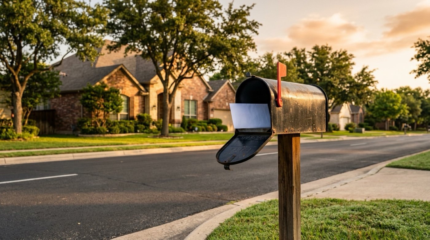 A curbside mailbox in front of a brick home in Central Texas