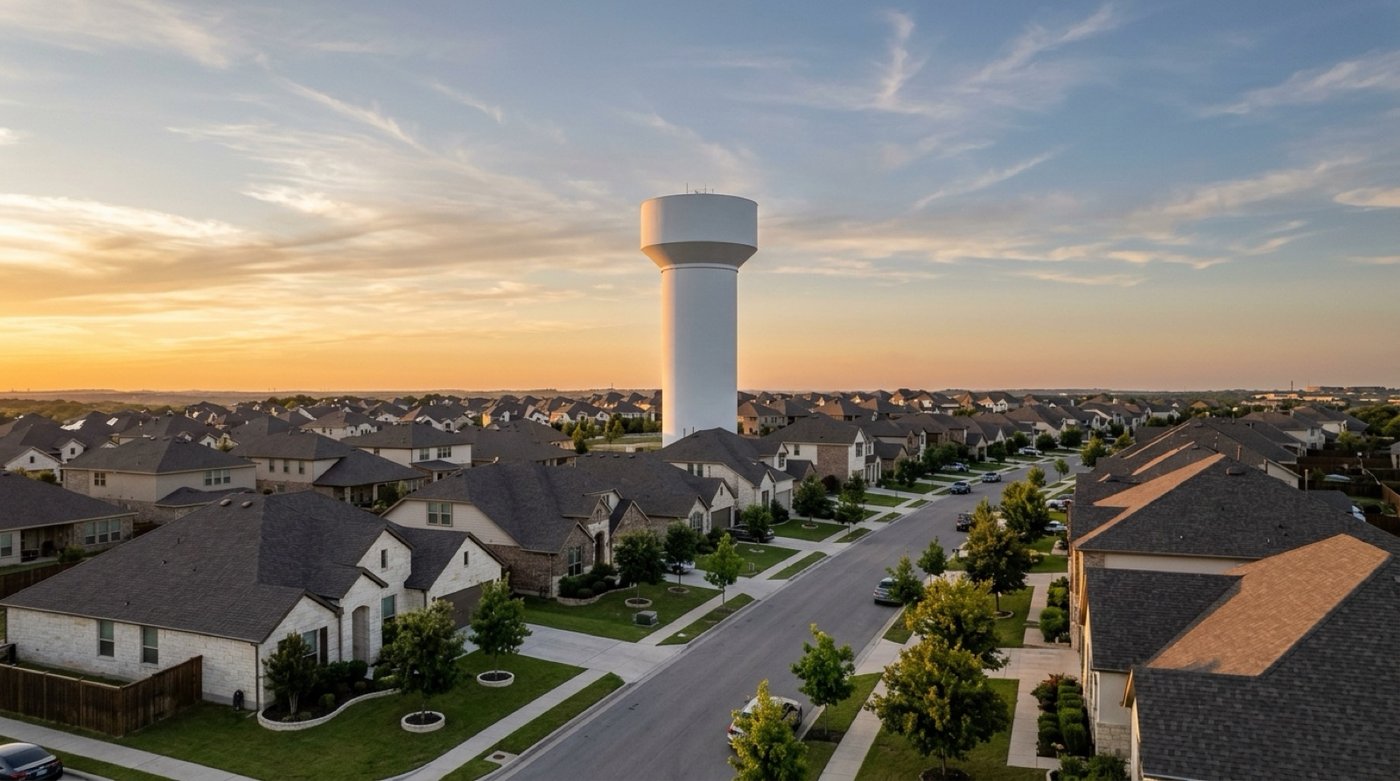 A water tower above the rooftops of a newer Central Texas subdivision at sunset