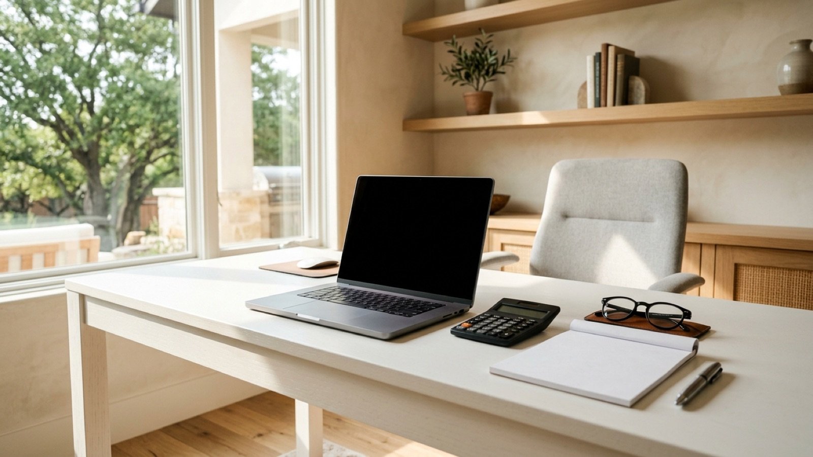A laptop, calculator and notepad on a desk, for comparing mortgage lenders in Texas