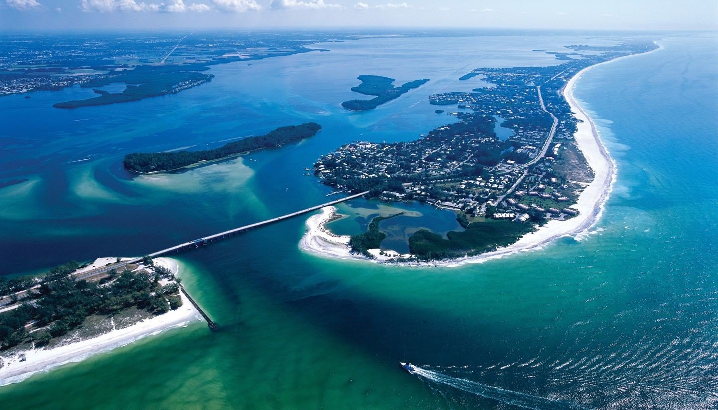 Aerial view of Longboat Key coastline and Sarasota Bay