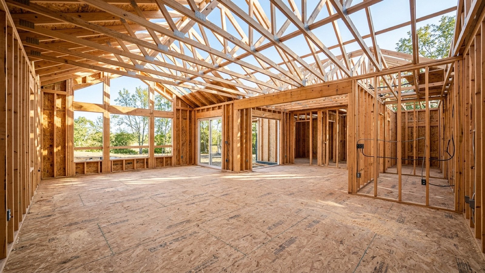 Wood framing inside a new house under construction in Central Texas