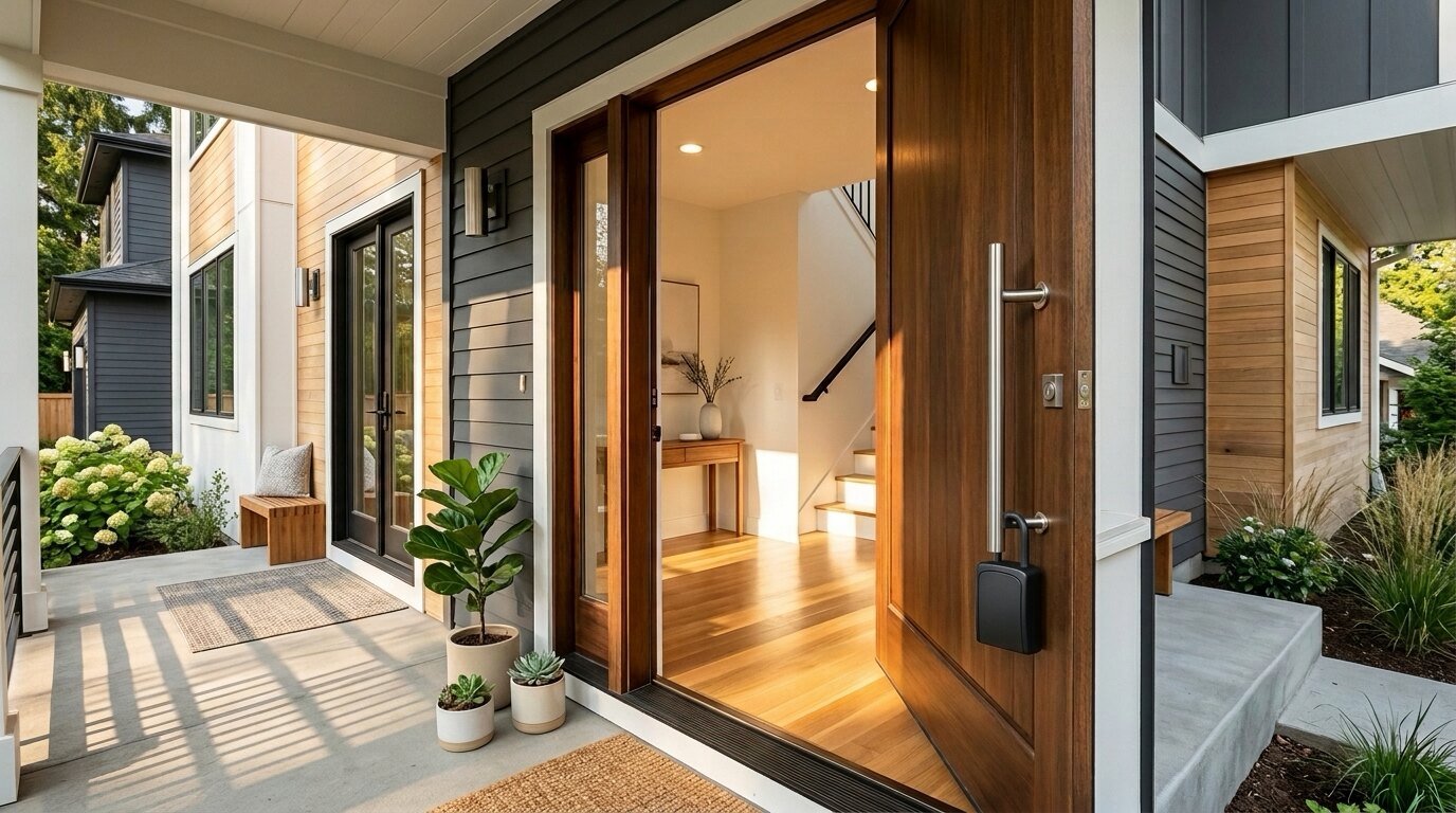 Open front door of an empty staged home with a lockbox on the handle, ready for a showing