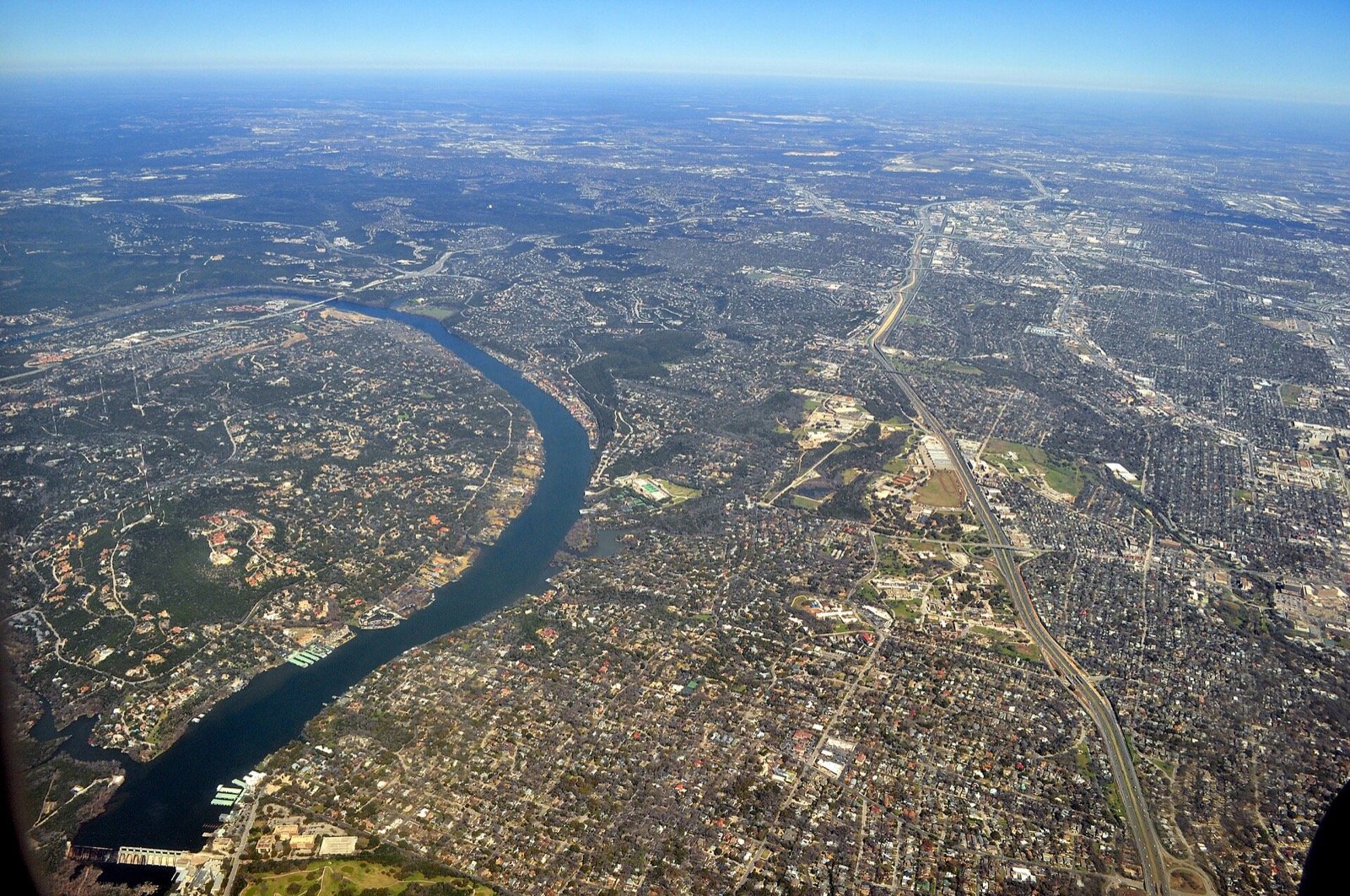 Aerial view of the Colorado River between Tarrytown in Austin and West Lake Hills
