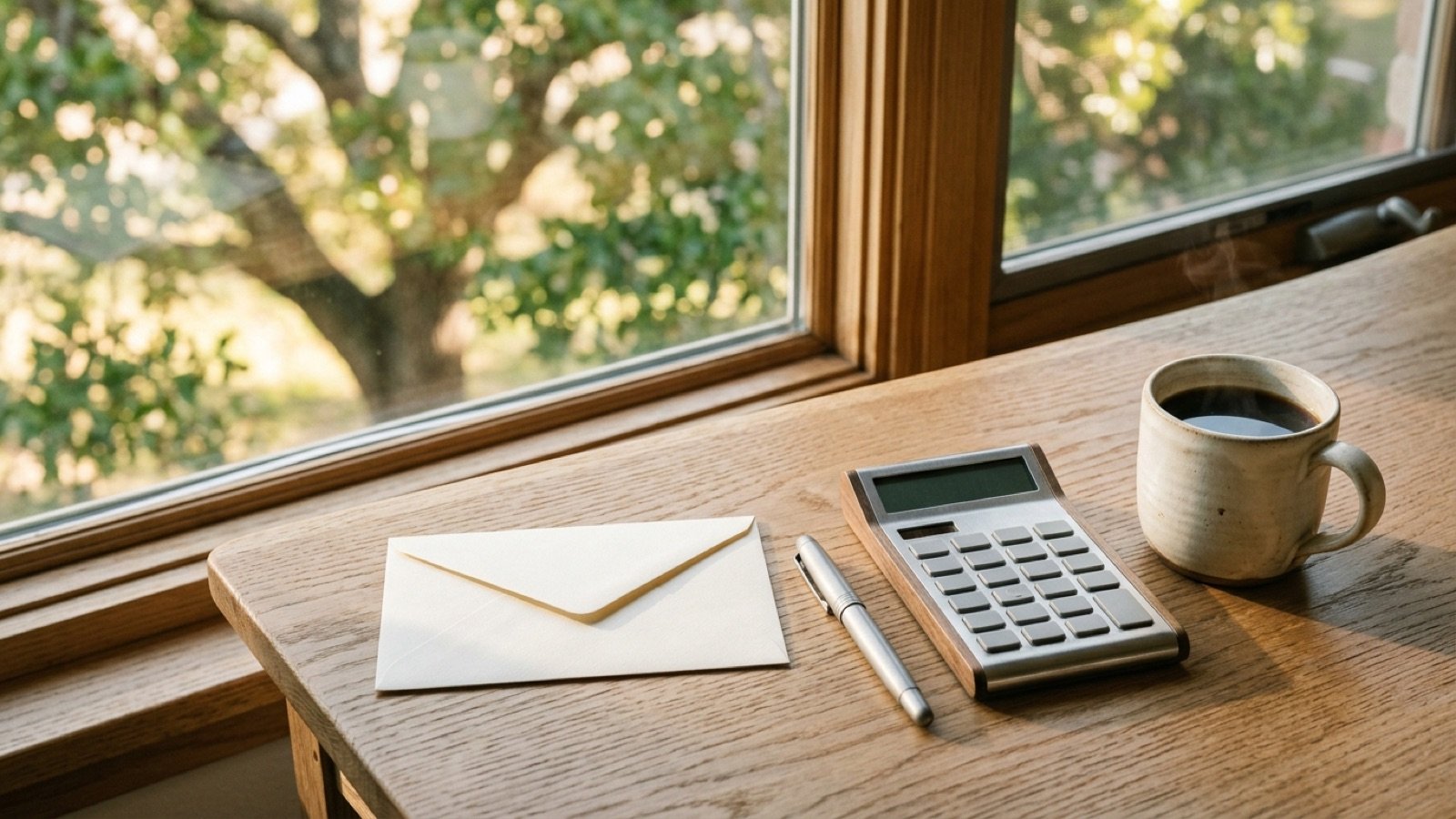 A calculator, envelope and pen on a desk, for estimating Texas property tax
