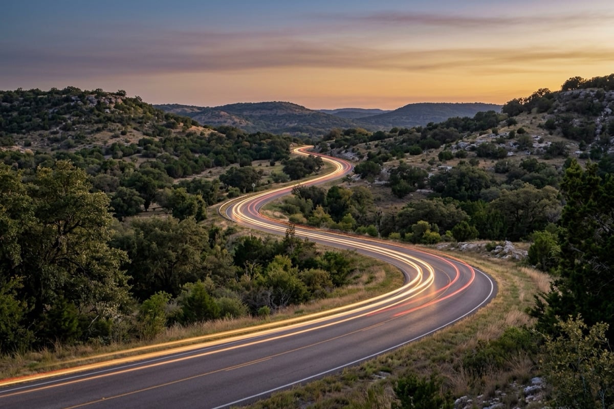 Road curving through cedar-covered limestone hills at dusk, the Hill Country side of the corridor around Leander