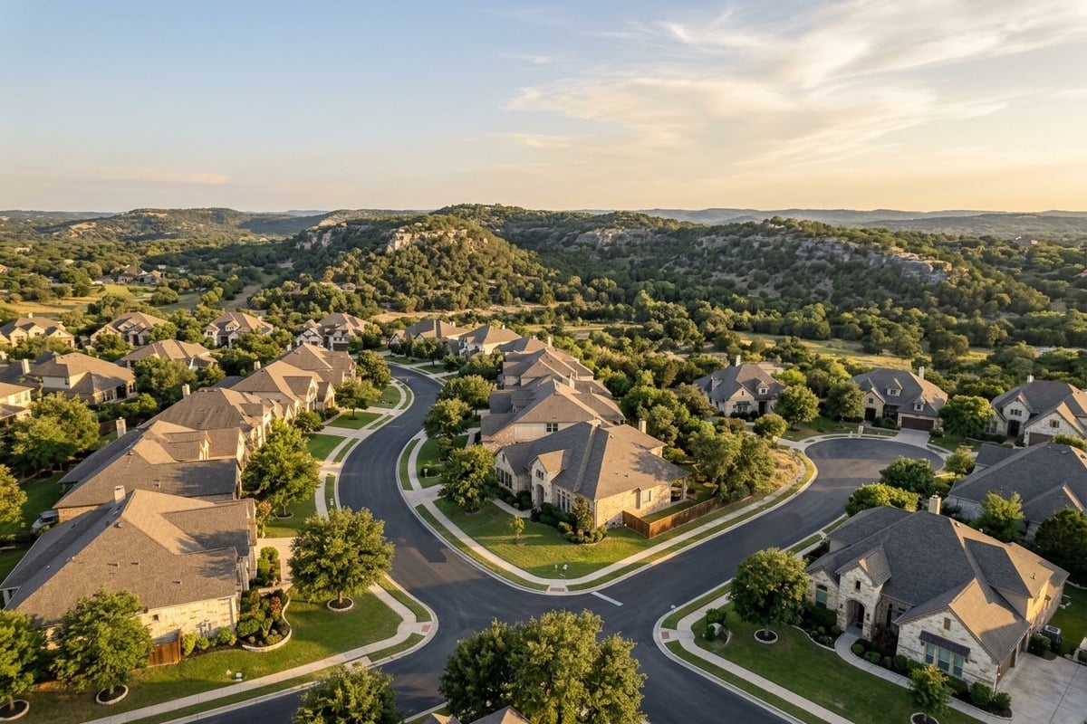 Curving streets of homes below green hills seen from above