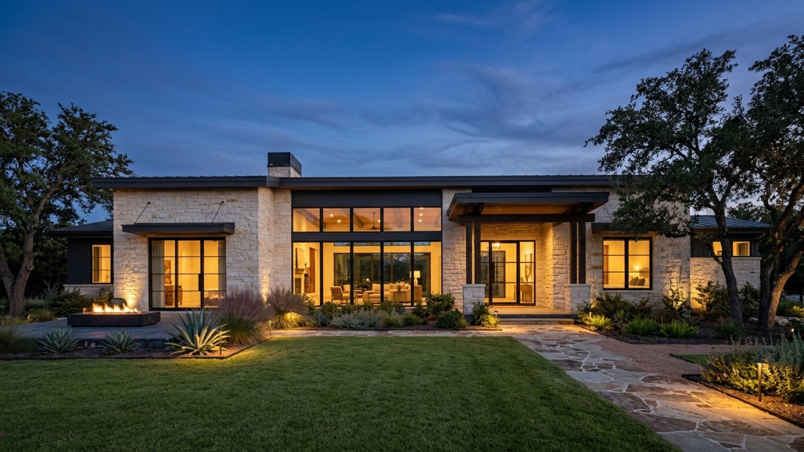 Twilight exterior of a single-story limestone home with warm interior lights, listing photography for selling a home in north Austin