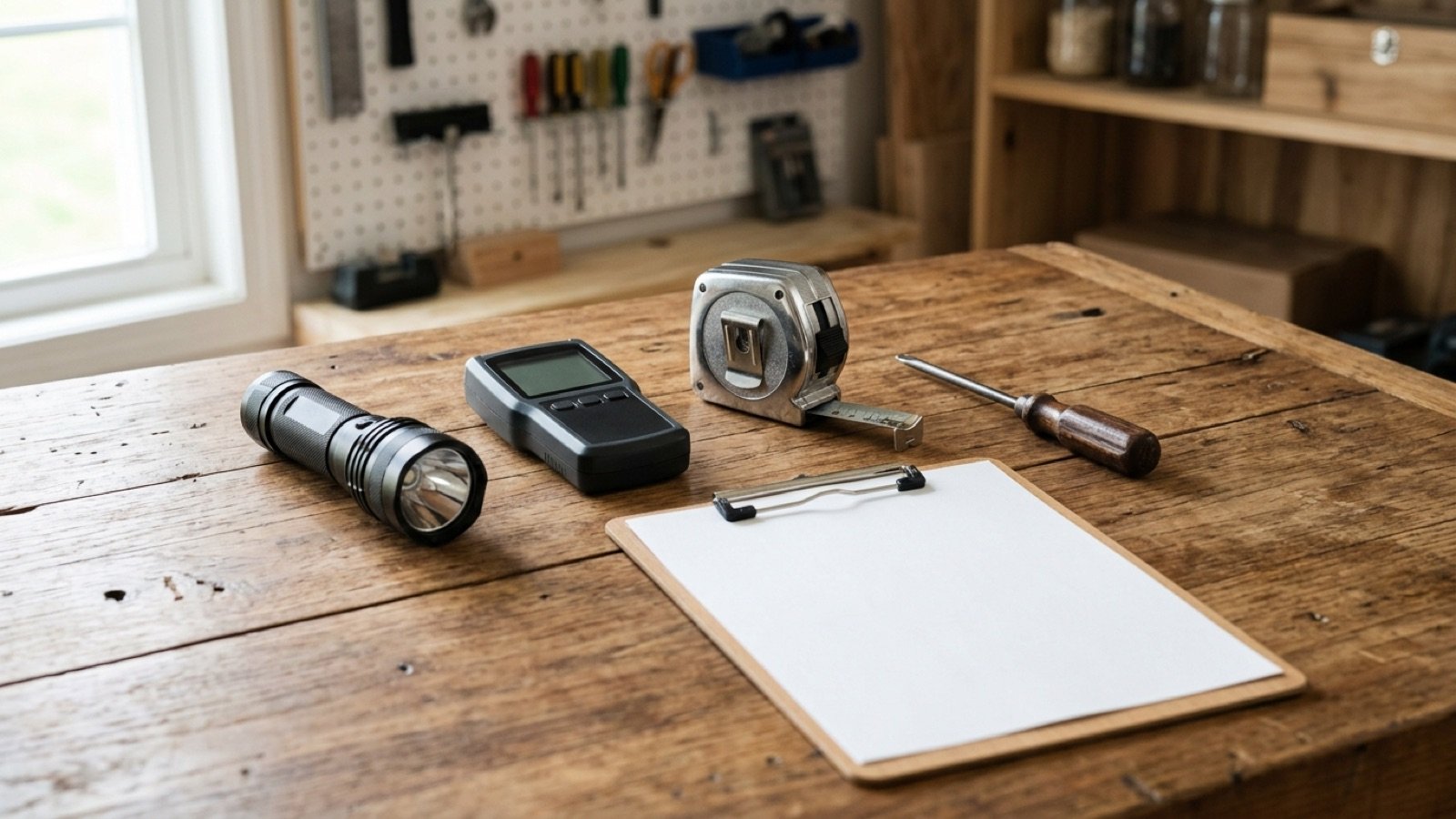 Home inspection tools laid out on a workbench: flashlight, moisture meter, tape measure and clipboard