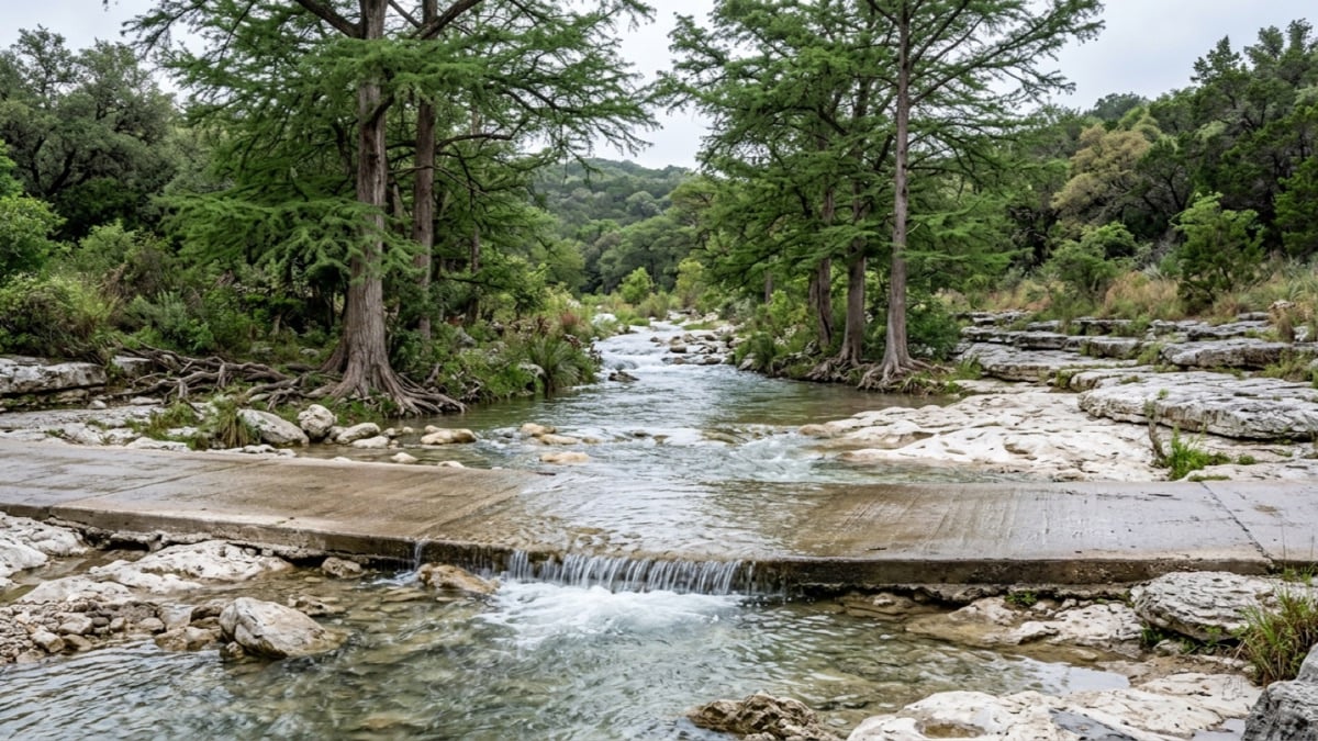 Clear creek over limestone ledges under cypress and oak trees near Leander