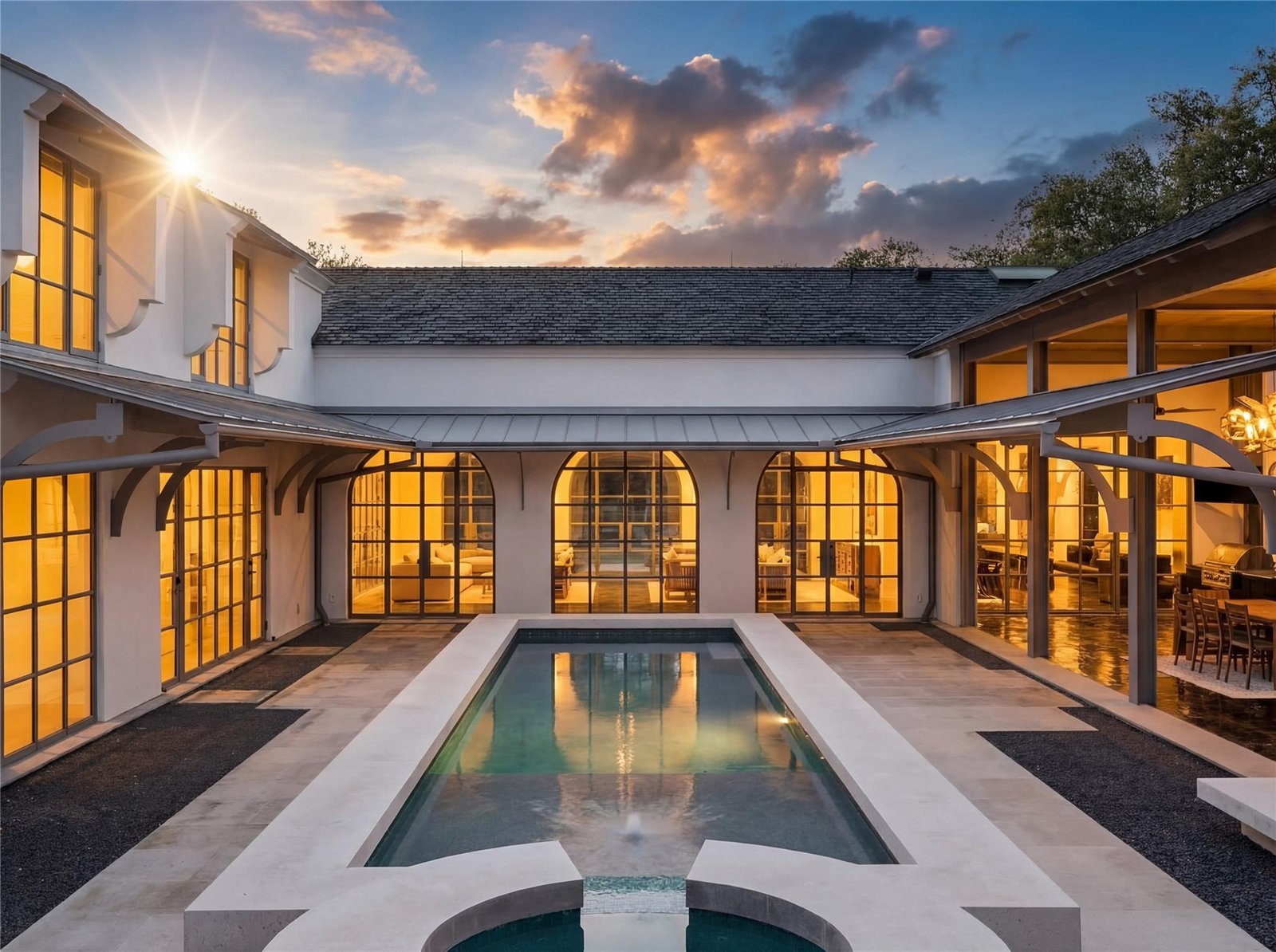 Contemporary Austin luxury home entry with a reflecting pool at dusk