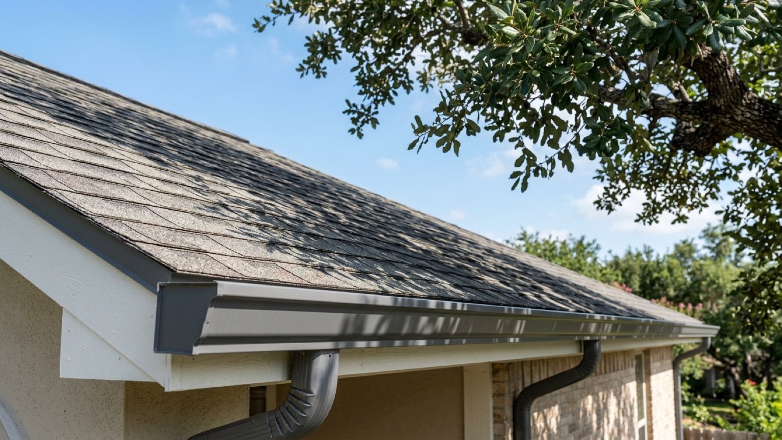 Asphalt shingle roof and gutter on a Central Texas home under live oak branches