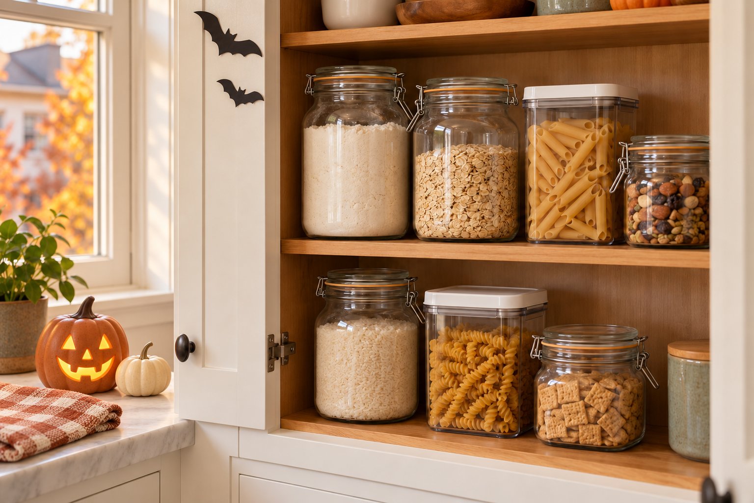 Pantry shelves with flour, oats, pasta, and snacks stored in airtight containers