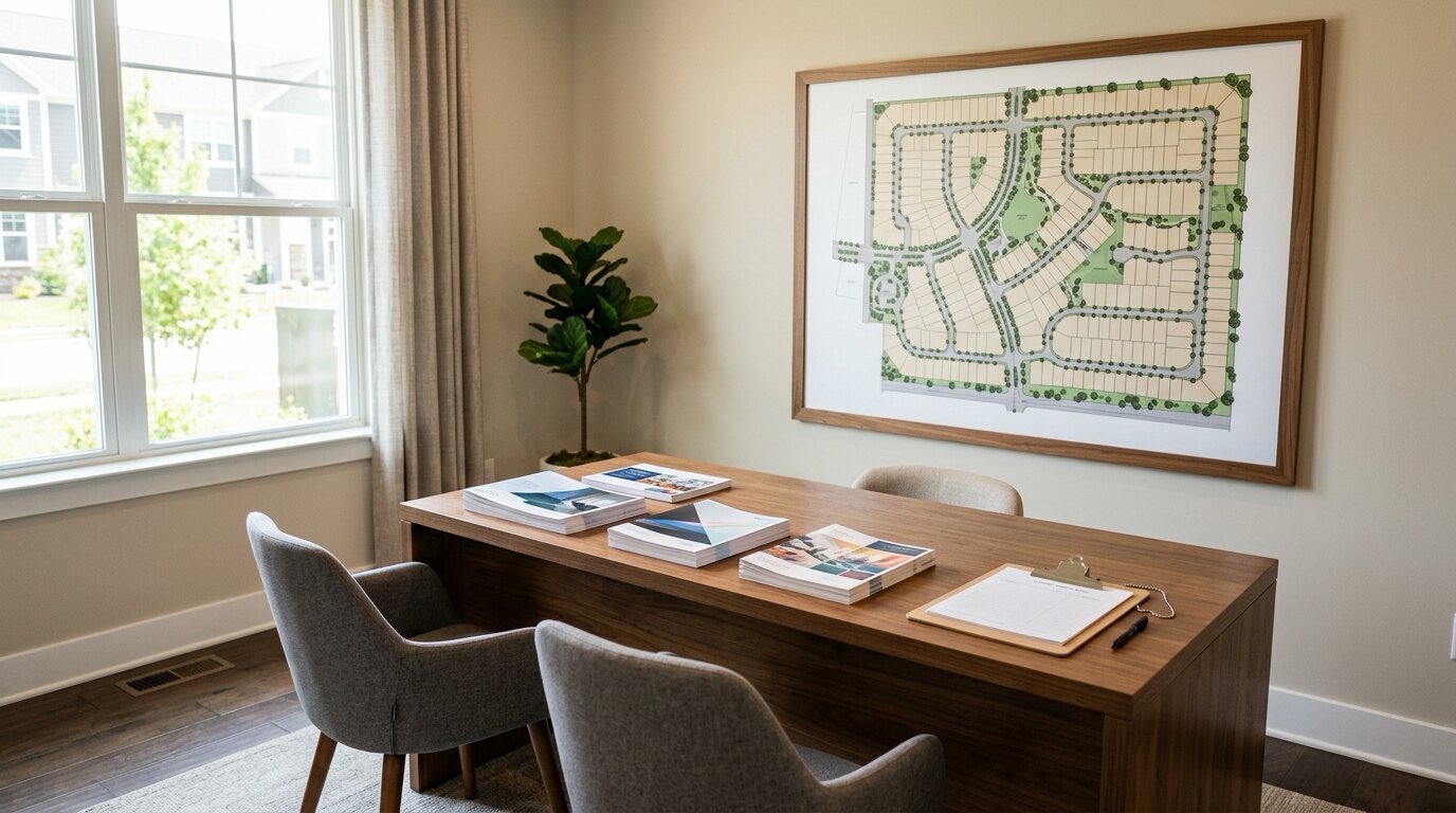 Builder sales office in a model home with a community site plan on the wall and brochures on the desk