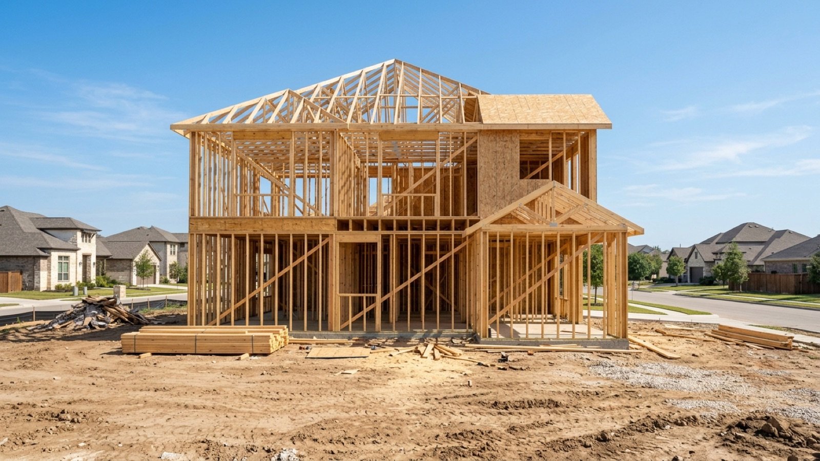Wood-framed new construction home in a Central Texas subdivision, the stage for a pre-drywall inspection