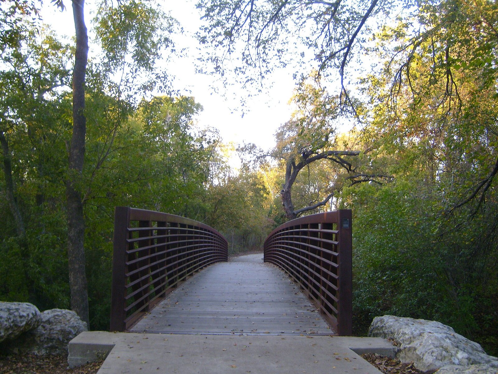 Wooden footbridge on a wooded trail in Old Settlers Park
