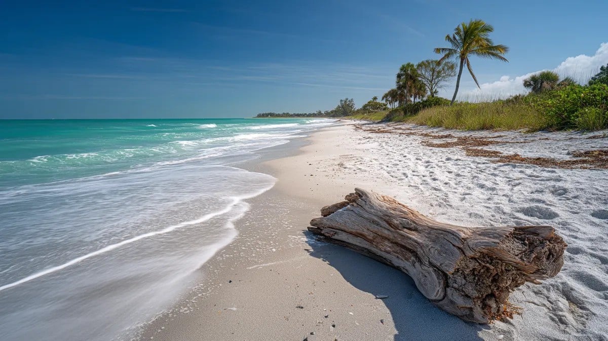 Natural beach setting on Longboat Key with driftwood and Gulf water