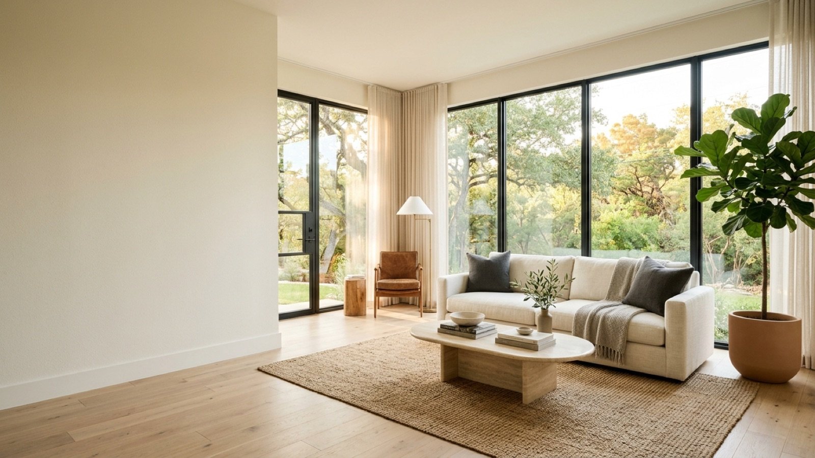 Bright, decluttered living room with light oak floors and large windows, a home prepared for sale in north Austin