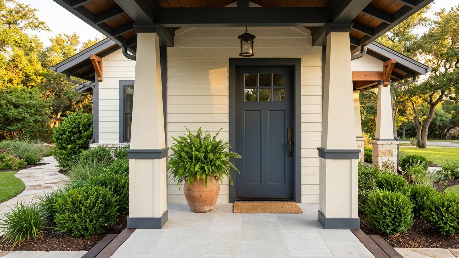Freshly painted front porch and entry with trimmed shrubs, curb appeal prep before selling a home in north Austin