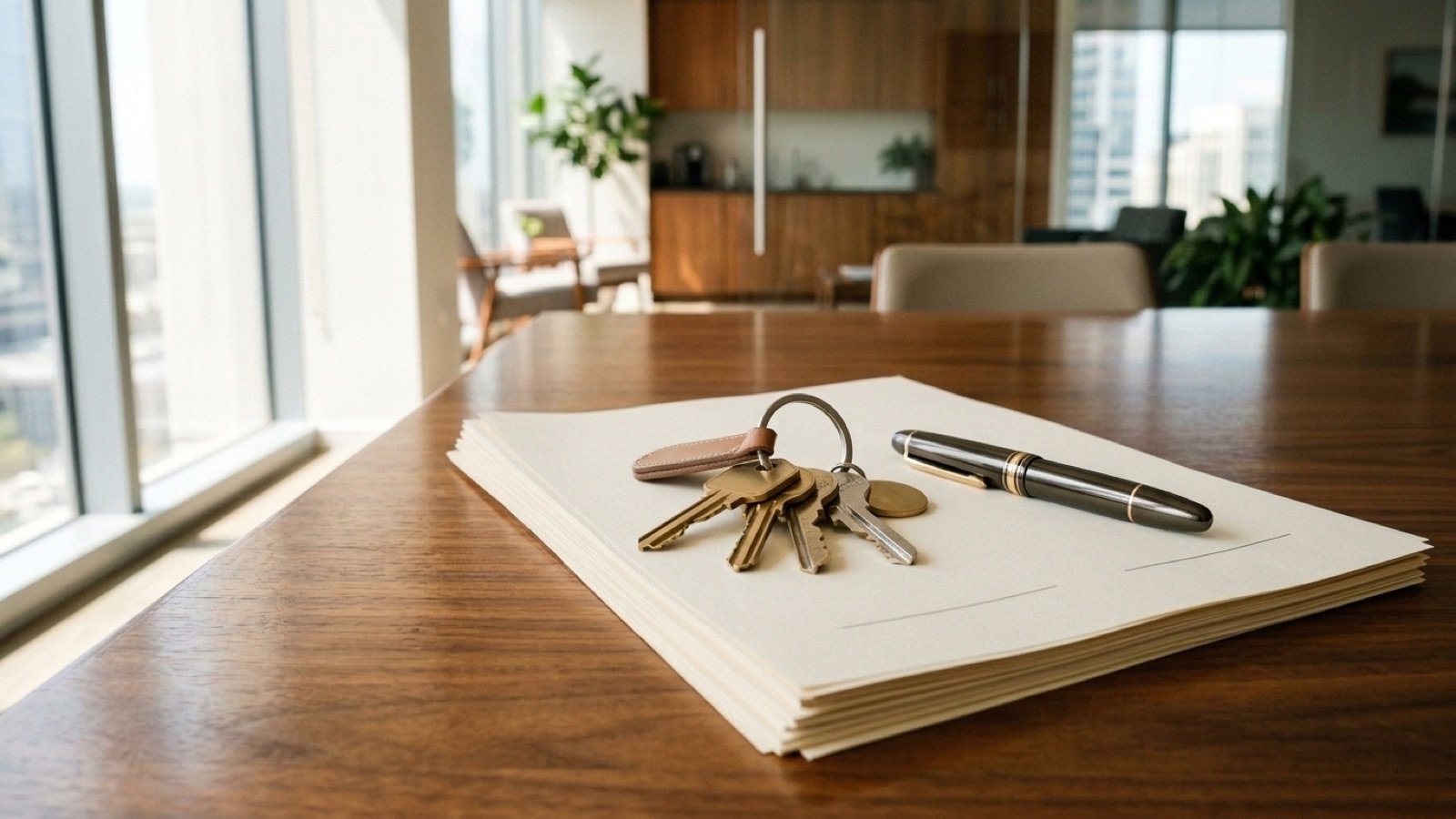 House keys on a stack of closing papers at a title office table in Texas