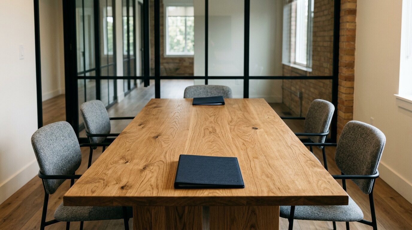 Real estate office conference table with closed folders at opposite ends, two sides of one sale