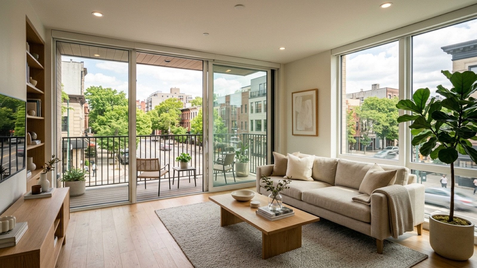 A bright condo living room with large windows and a small balcony in Austin
