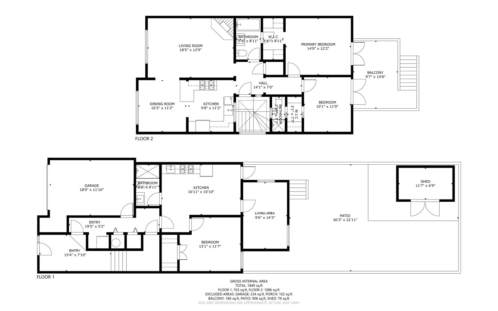 Measured floor plan of both levels of 15 Shields Street, San Francisco, including the ground-floor unit, deck, yard and shed