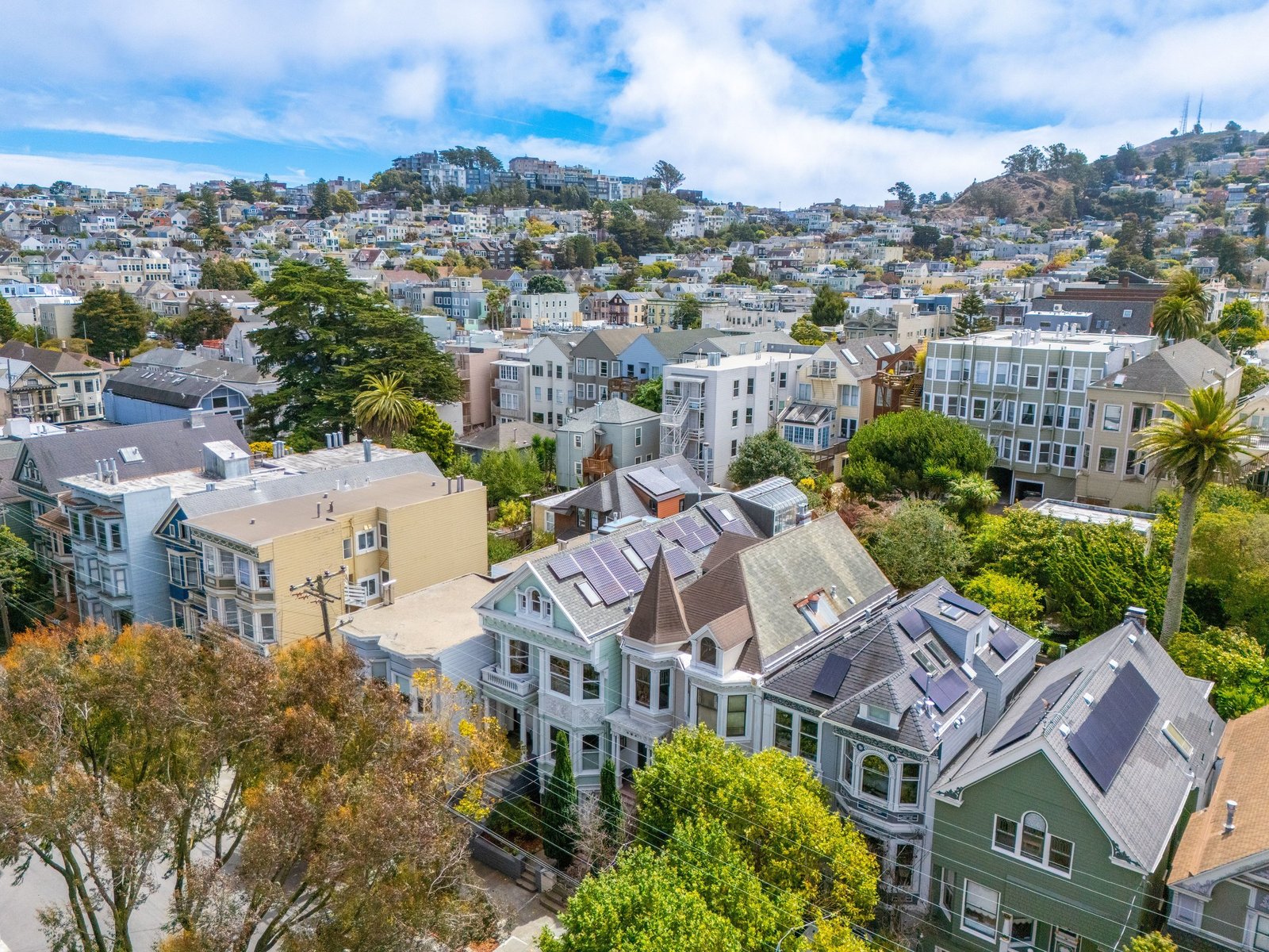 View across Cole Valley rooftops toward Buena Vista Park from 449 Frederick Street