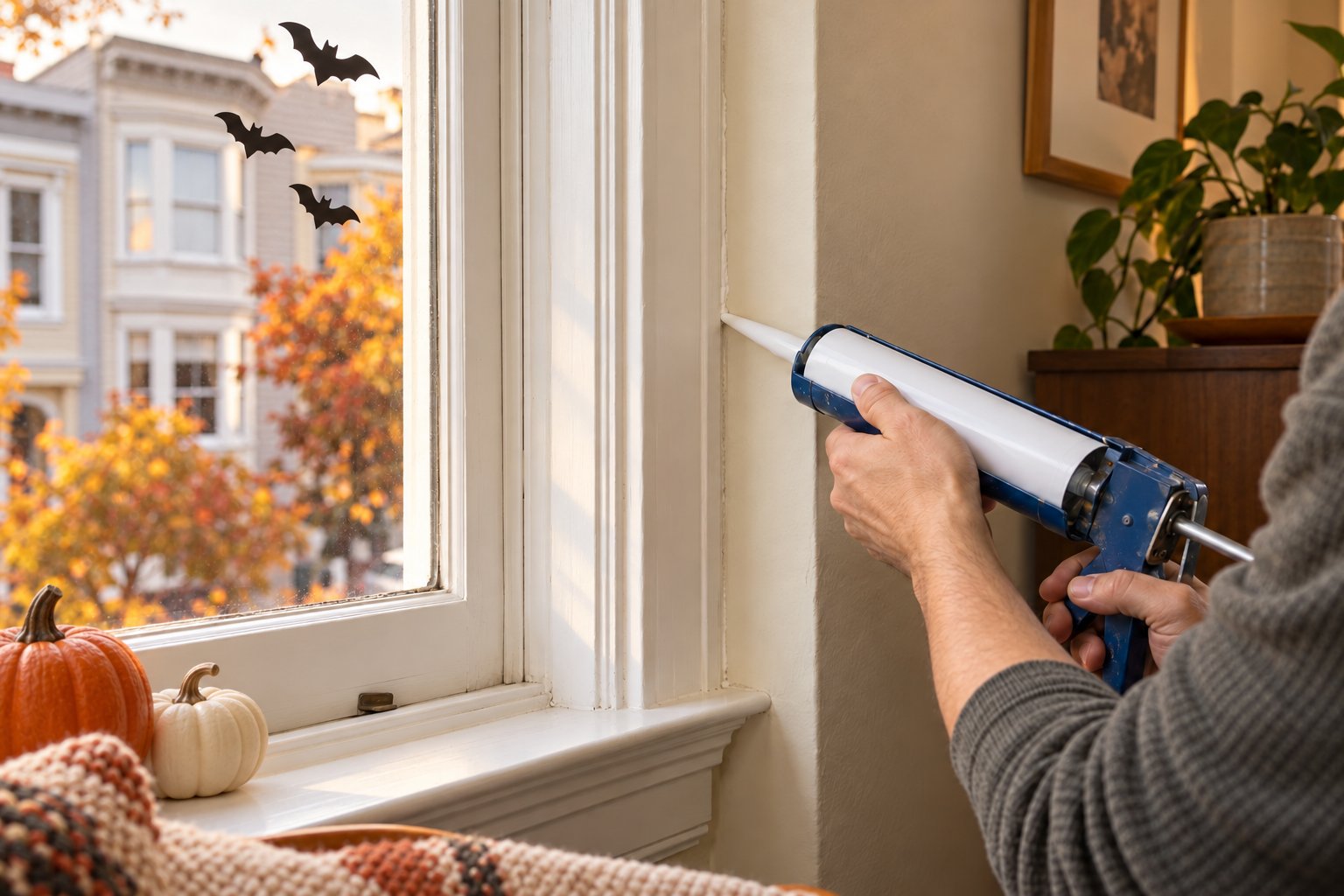 Caulking the gap around an older window frame in a San Francisco home in fall