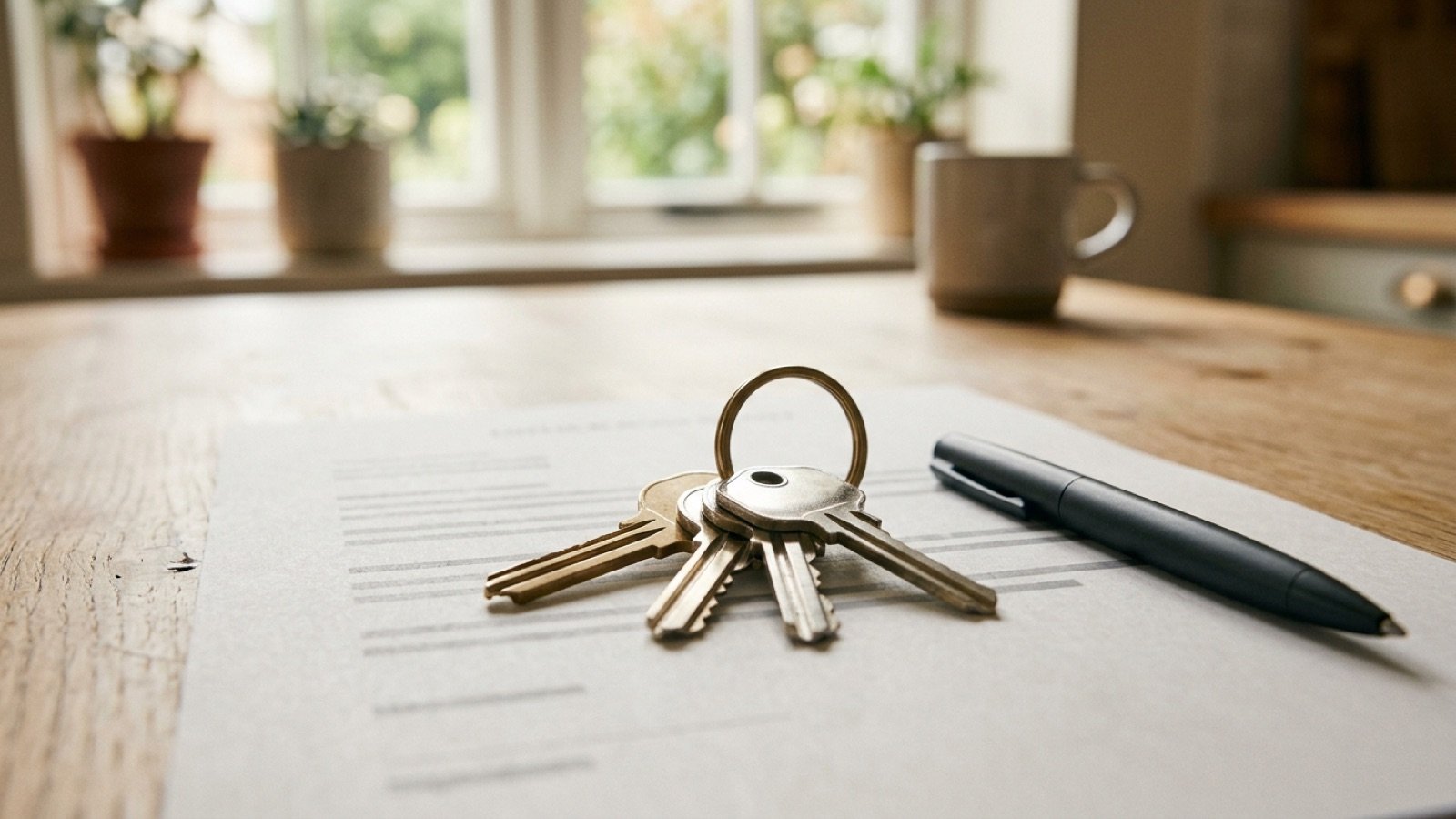 Keys and a signed real estate contract on a table, representing writing an offer on a home in Texas