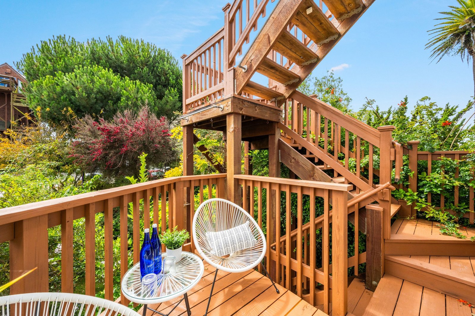 Wooden deck and stair leading up to the roof garden at 449 Frederick Street, San Francisco