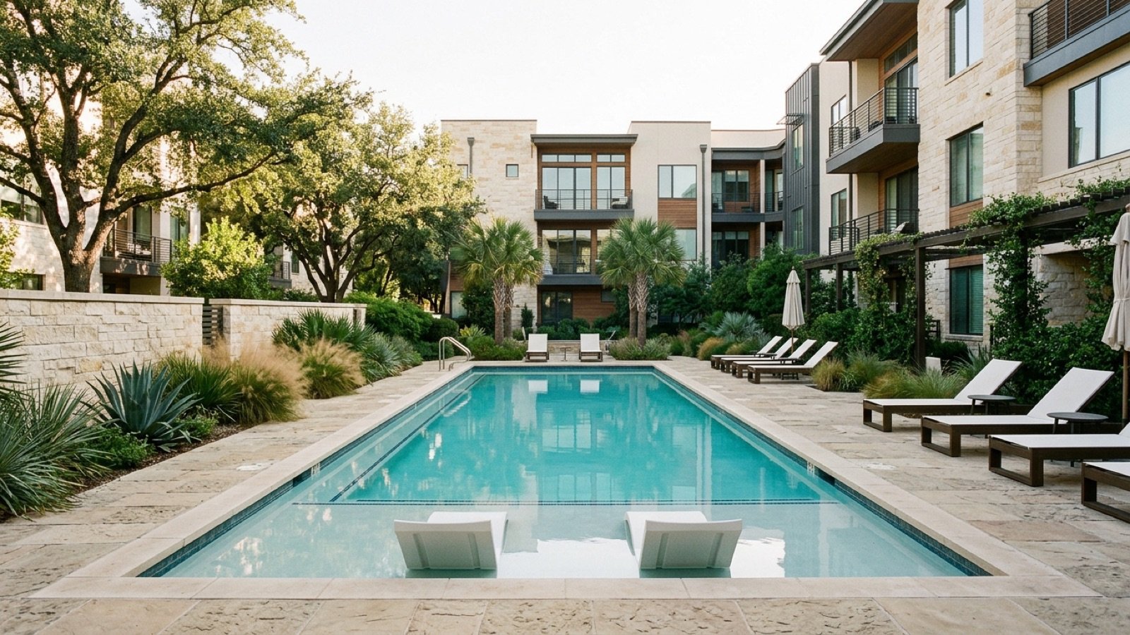 A shared condominium courtyard pool, an amenity paid for through HOA dues