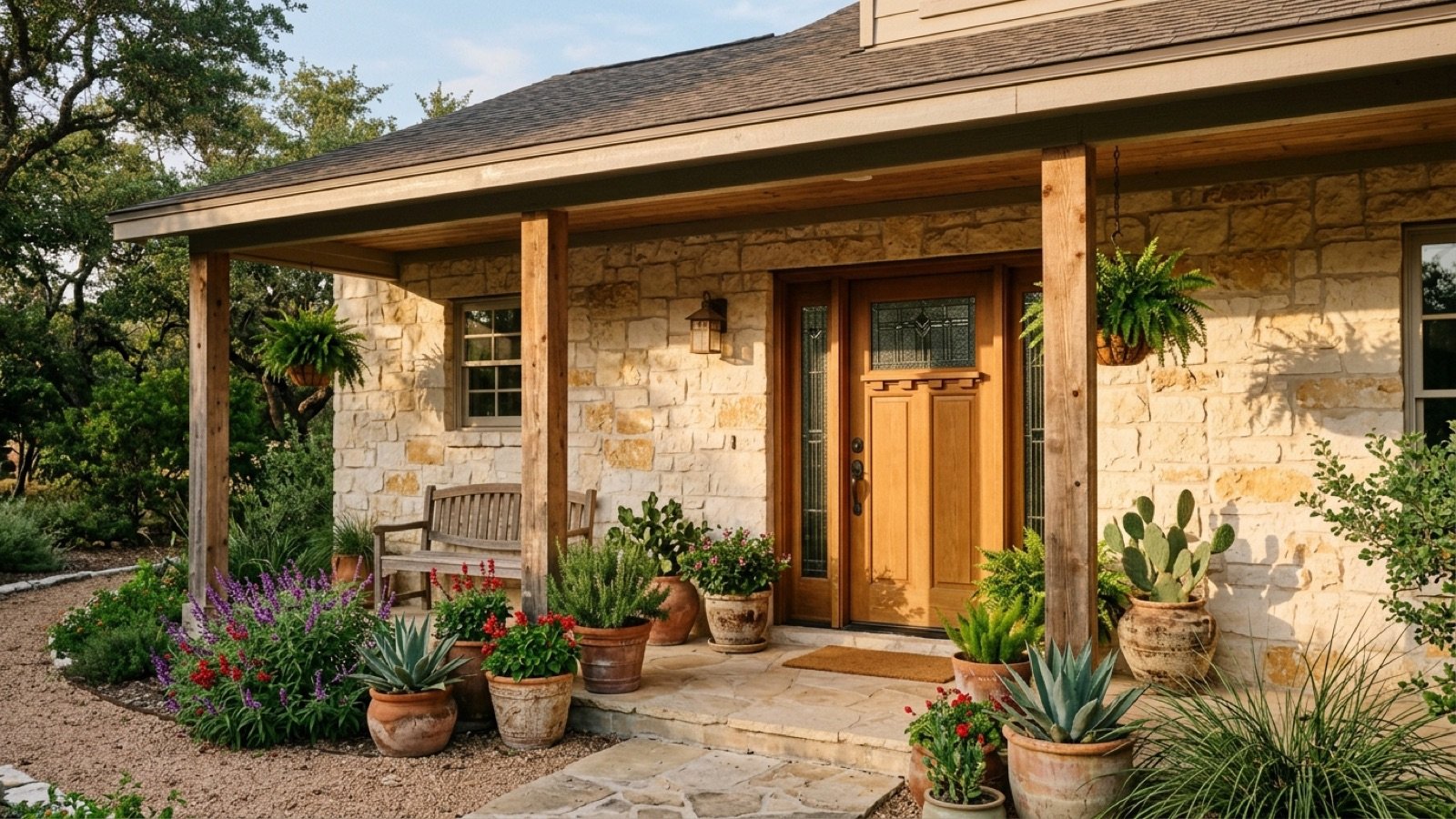The front porch and wooden front door of a limestone home in Central Texas