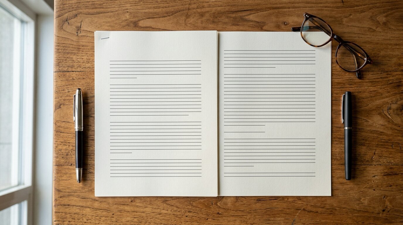 Contract on a wooden table with a pen on each side, buyer and seller in the same transaction