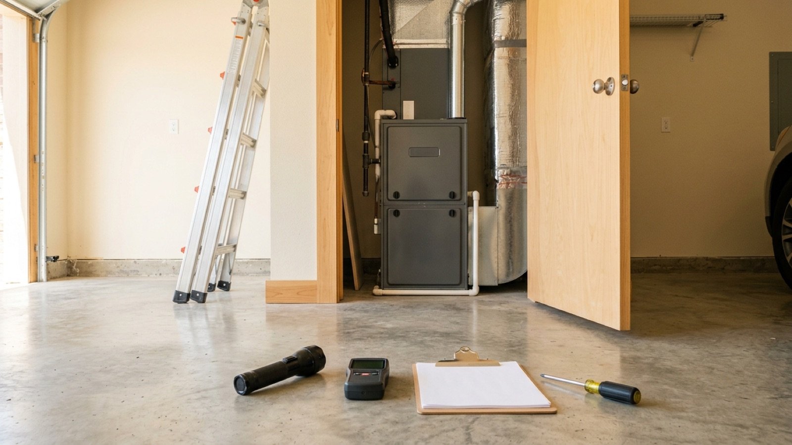 Home inspection tools on a garage floor next to an open HVAC closet, part of using the option period when buying a home in Texas