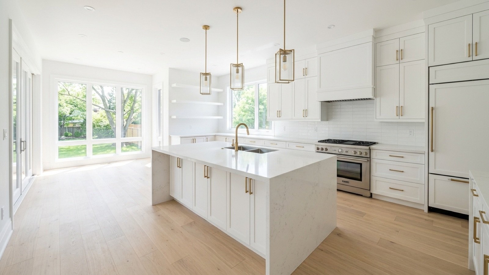 A new construction kitchen with white cabinets and a quartz island, like a builder model home