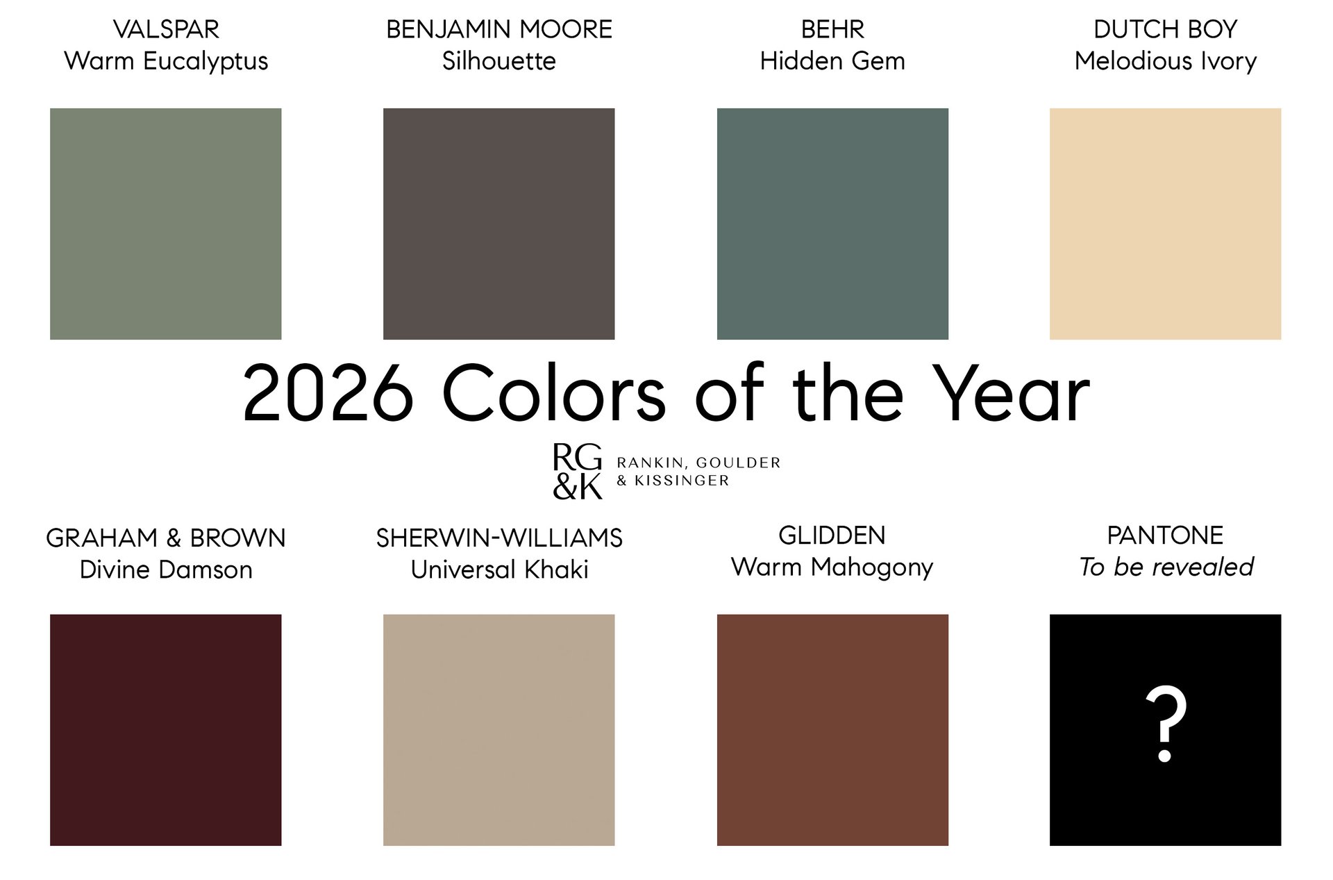 2026 Paint Colors of the Year - Valspar, Sherwin Williams, Behr, Graham & Brown, Glidden, Dutch Boy, Benjamin Moore, Pantone