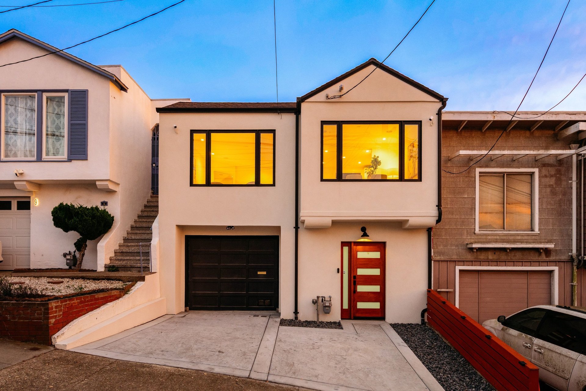 Front facade of 15 Shields Street at twilight, Ingleside Heights, San Francisco