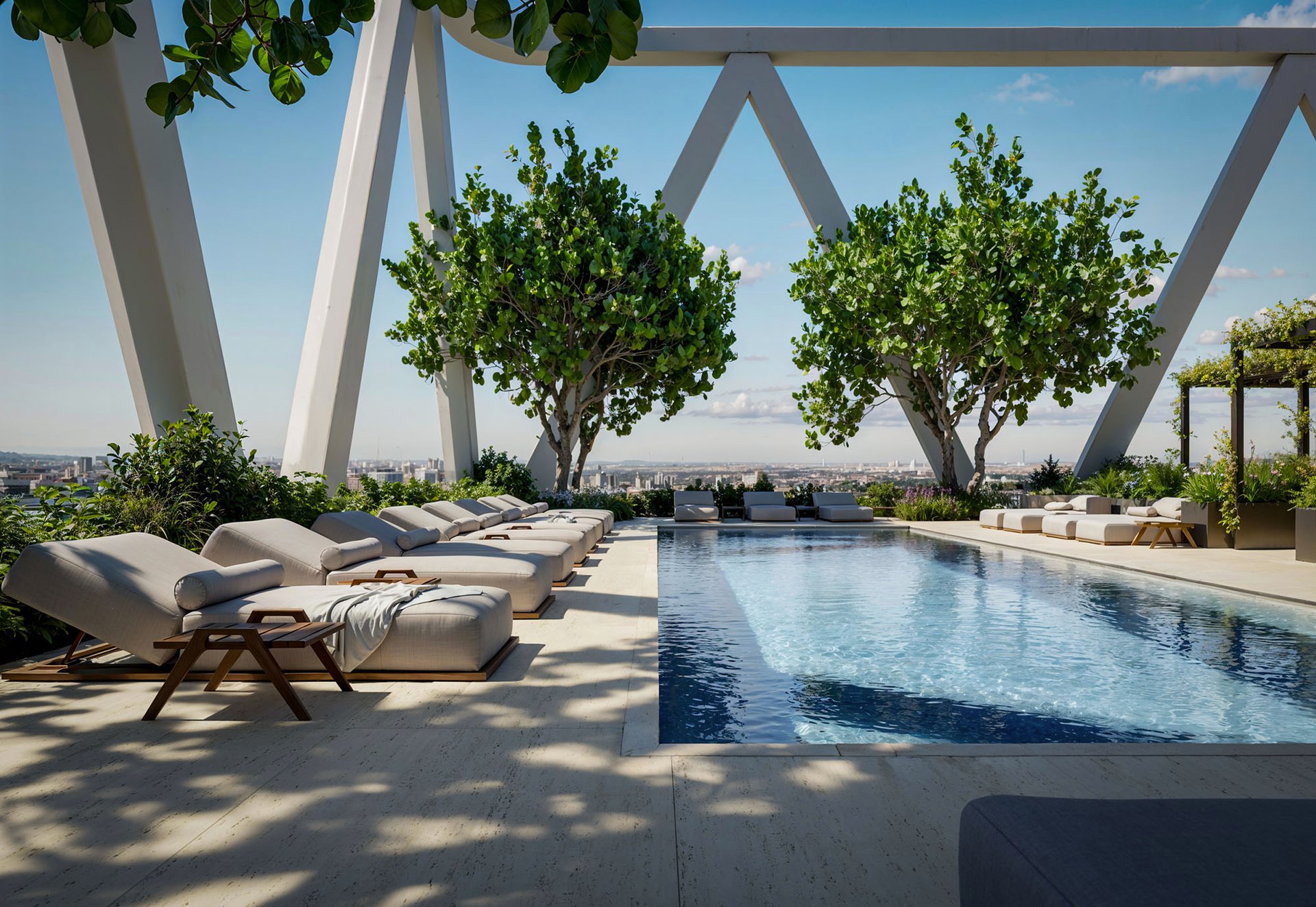 Rooftop pool and cushioned loungers beneath a white canopy, with trees and a Miami skyline view.