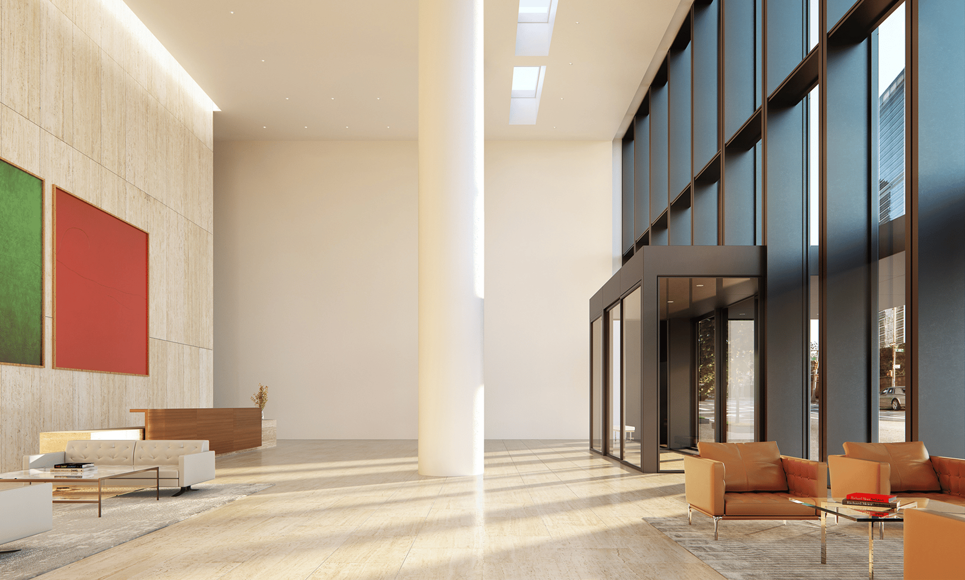One United Nations Park lobby with floor-to-ceiling windows and modern lounge seating