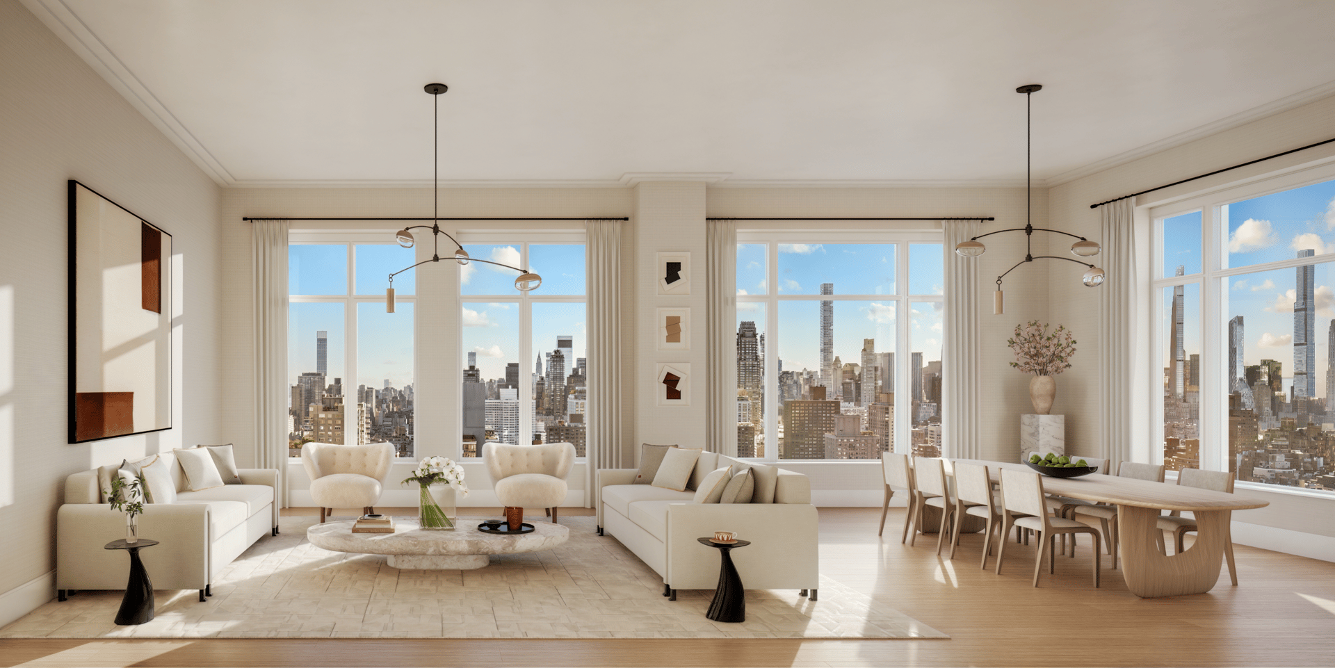 Staged living and dining room with floor-to-ceiling windows overlooking the Manhattan skyline.