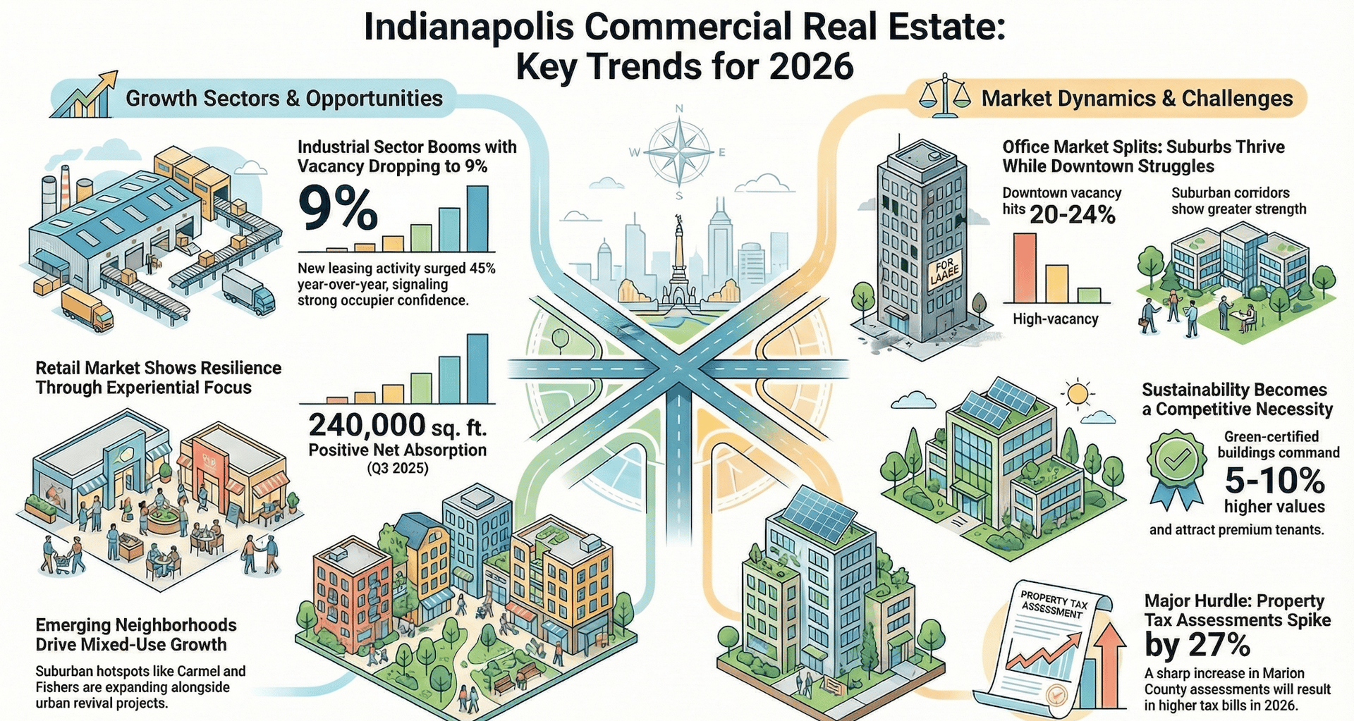 Indianapolis Commercial Real Estate Key Trends for 2026 Infographic - Industrial boom, office bifurcation, retail resilience, sustainability, mixed-use growth, and property tax challenges