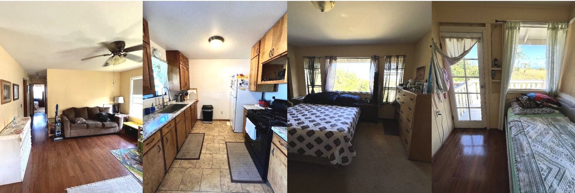 Home interiors with a wood-floored living room, wood-cabinet kitchen, and two bedrooms.