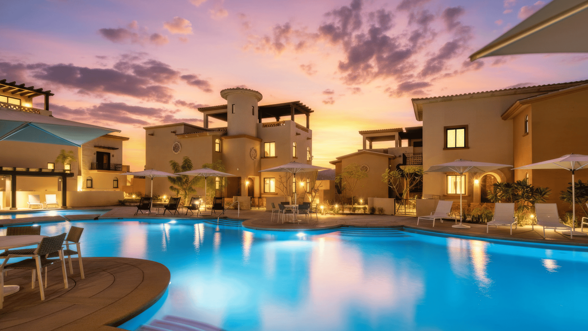 Mavila condominiums and community pool at twilight in Quivira Los Cabos